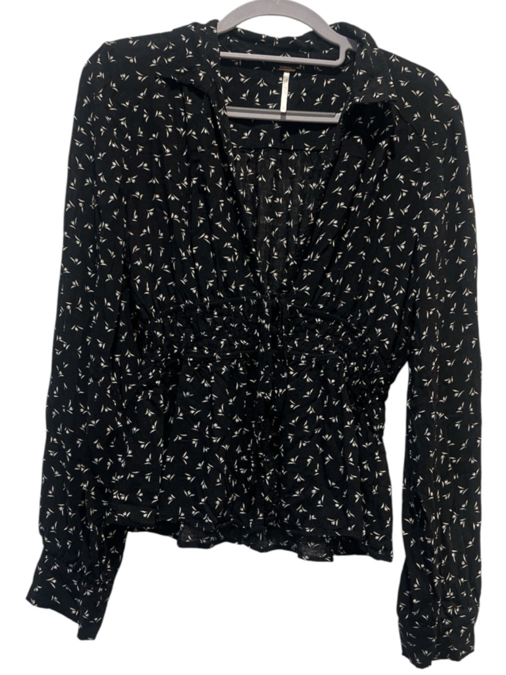 Free People Black Floral Smocked Peplum Blouse Long Sleeve Size M
